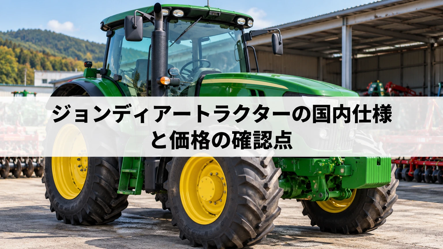 緑色の大型トラクターと国内仕様を確認するイメージ