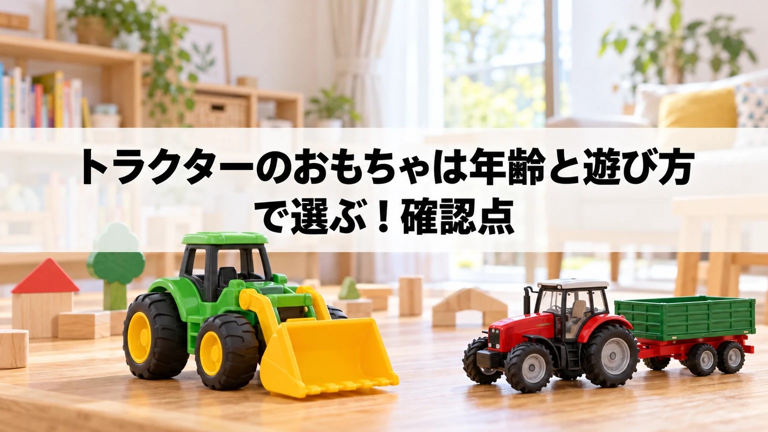 トラクターの組立玩具と実車風モデルの遊び方を比較するイメージ