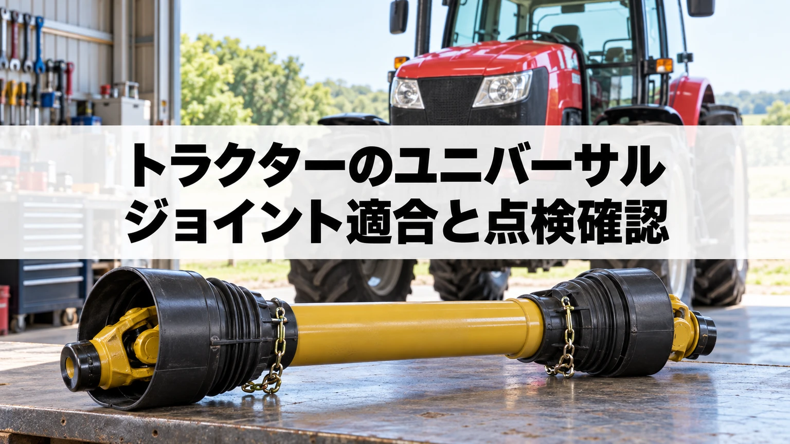 トラクターと作業機の伝達軸に必要な防護と型式適合を確認するイメージ