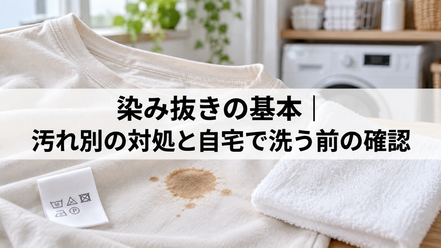 衣類のシミを白い布で押さえ洗濯表示を確認する様子