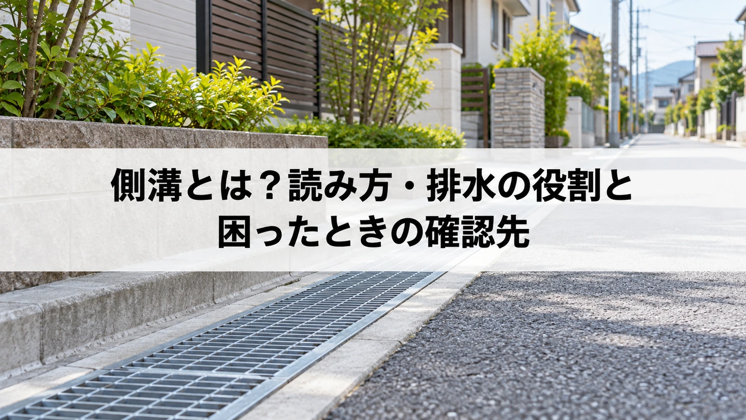 道路に沿った側溝と蓋、管理者へ相談する確認点のイメージ