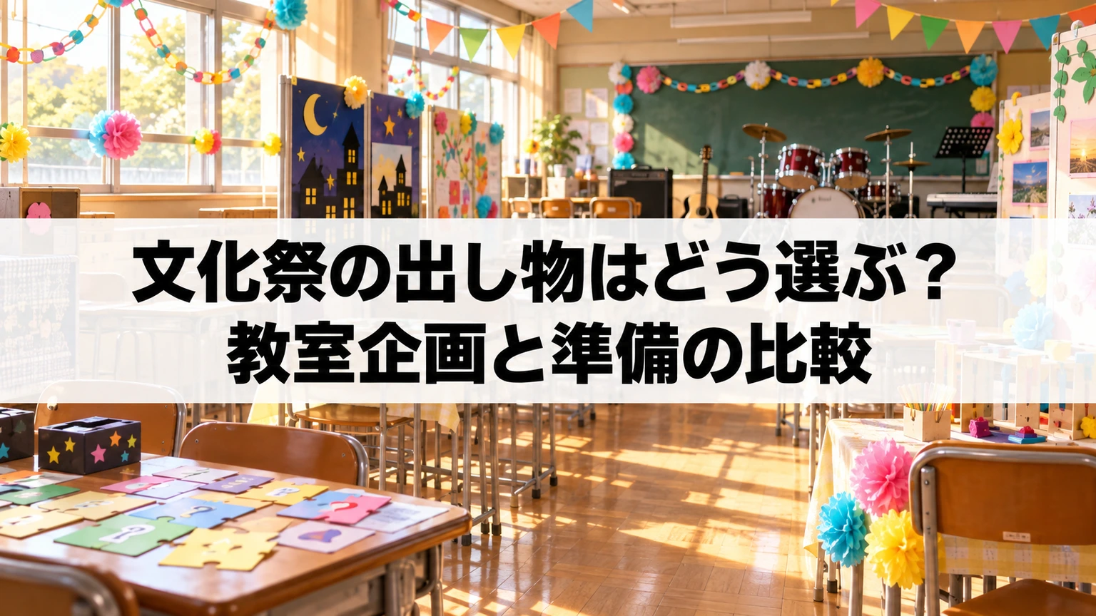 文化祭の謎解き、クイズ、作品展示、演奏の企画を比較するイメージ