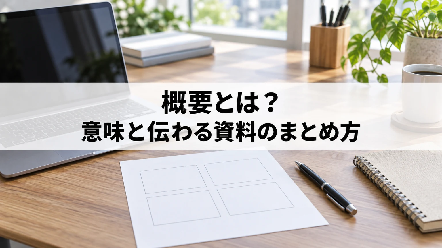 資料作成用のパソコンと四つの枠がある用紙、筆記具