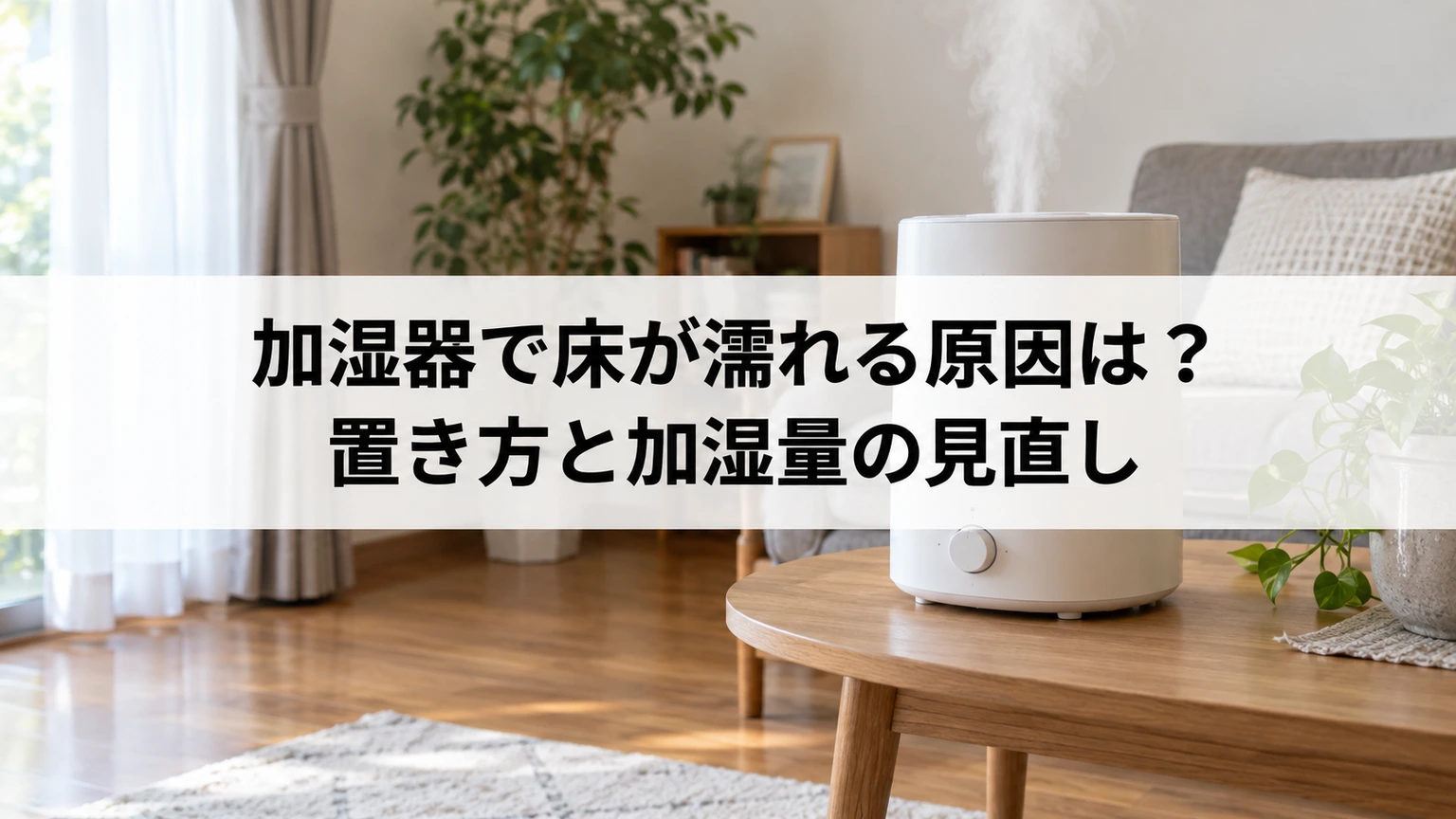床濡れを確認する加湿器と乾いた木の床のイメージ