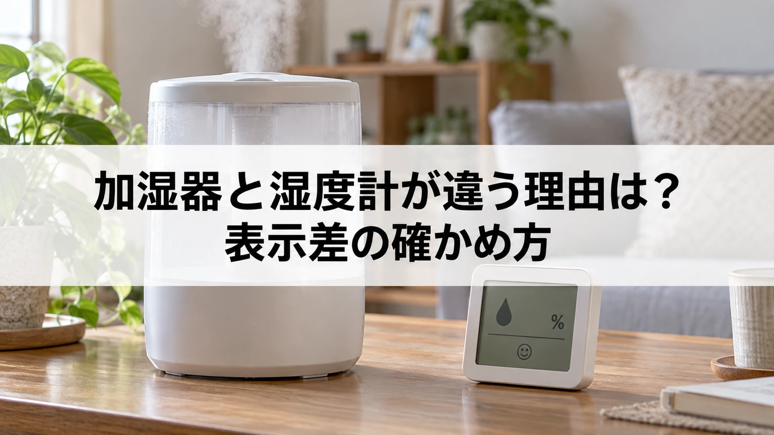 加湿器と別の湿度計の表示を比べるイメージ